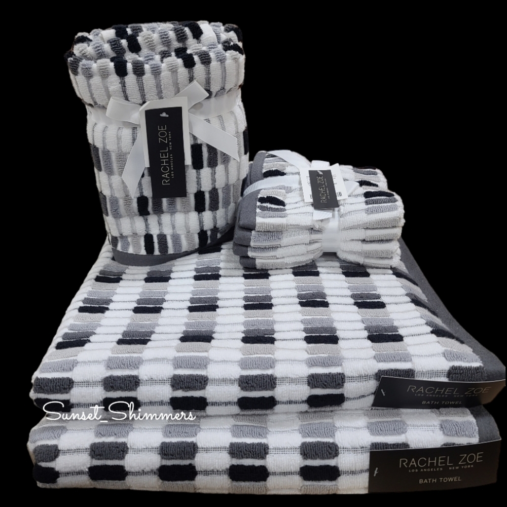8pc Rachel Zoe Mosaic 100% Cotton Bath Hand Washcloth Towel Set Black Gray Ombre